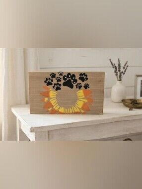 Wooden Paw & Sunflower Sign - Black, Orange, Yellow